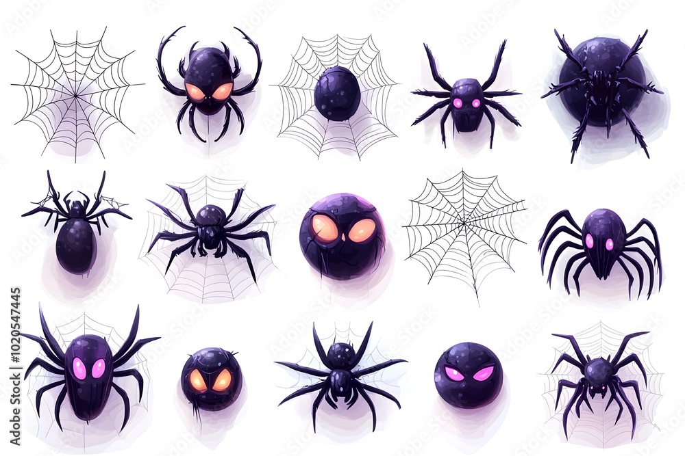 Poster creepy spider web 3d icons and objects collection in minimalist cartoon style on transparent