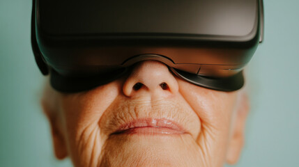 Embracing technology, an elderly woman experiences virtual reality with headset, showcasing intersection of age and innovation