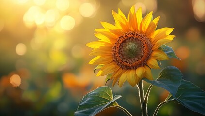 A single sunflower blooms against a blurry background of golden light.