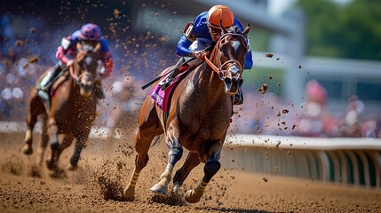 derby horse racing event with thoroughbred horses sprinting around the racecourse, driven by skilled jockeys aiming for a winning finish in a day full of competitive spirit and speed