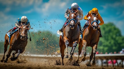 derby horse racing event with thoroughbred horses sprinting around the racecourse, driven by skilled jockeys aiming for a winning finish in a day full of competitive spirit and speed