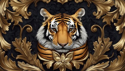 Tiger wrapped in elegant FleurdeLis, classic French textile, historical emblem design, illustration, no blur, photo not dark, everything is clear, copy space