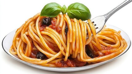 Delicious spaghetti clinging to a silver fork, coated in rich tomato sauce and adorned with a basil leaf. Isolated on a white background, highlighting the textures and colors.