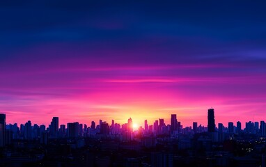 Obraz premium A stunning city skyline at sunset showcasing vibrant pink, purple, and blue hues illuminating the buildings.