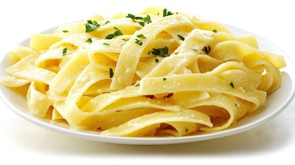 Rich Alfredo fettuccine pasta topped with fresh parsley, isolated on a white plate. The creamy sauce and herb garnish create a classic Italian dish look, ideal for stock photos.