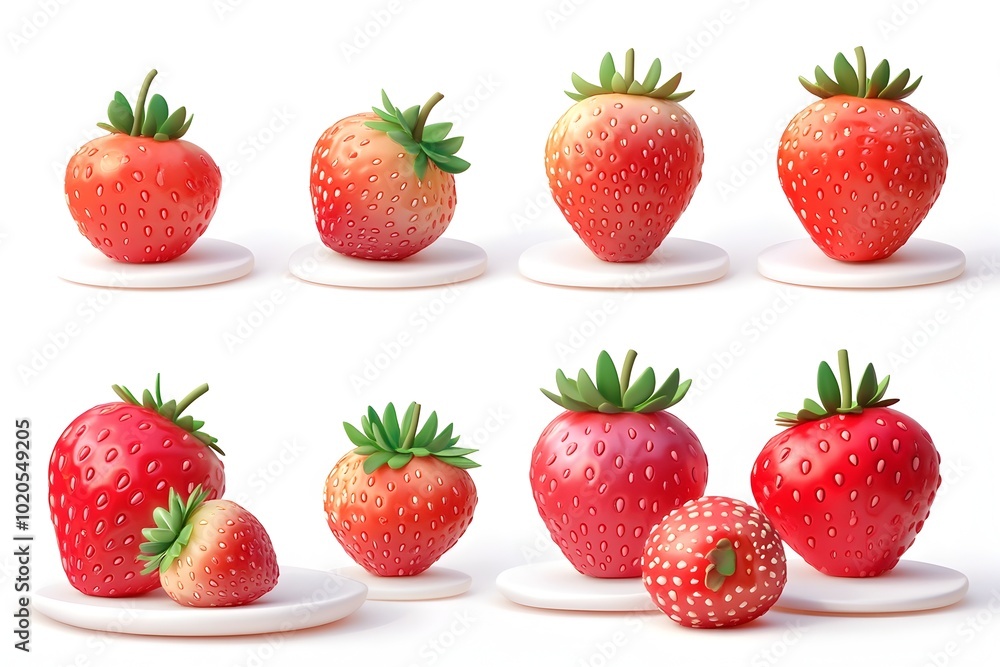 Poster strawberry 3d icons and objects collection in cartoon style minimal on transparent white background