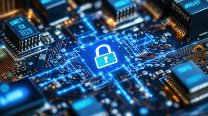 A digital padlock icon glowing on a circuit board