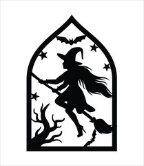 halloween hanging door decor design template. Halloween scene wall decoration vector template illustration. Flying witch with the broom, bat, and scary tree in the scene.