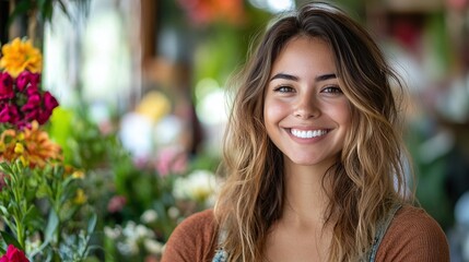 Obraz premium smiling female entrepreneur running her own florist shop, surrounded by colorful floral arrangements and plants, showcasing her passion for creating beautiful spaces as a small business owner