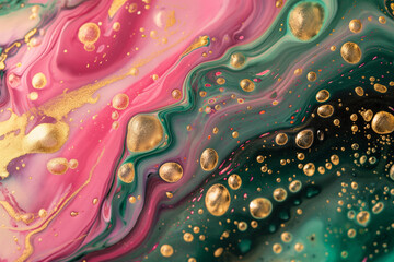Marble abstract painting texture. Green, emerald, pink with striking gold veins and fluid textures. Contemporary background. Template pattern for banner, poster design.