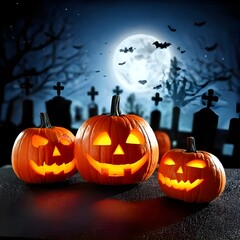 Three jack-o'-lantern pumpkins are displayed in a graveyard, illuminated and surrounded by a haunting atmosphere.