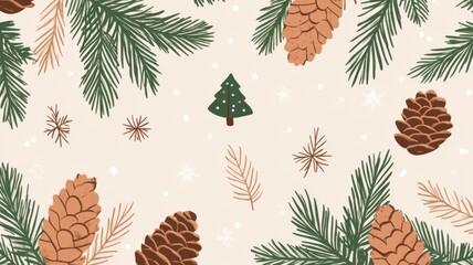 Playful flat illustration of pine branches and pinecones with snowflake doodles for a cozy holiday decor on a soft background. Christmas