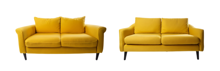 Stylish yellow sofas on a white isolated background, perfect for modern living room decor.