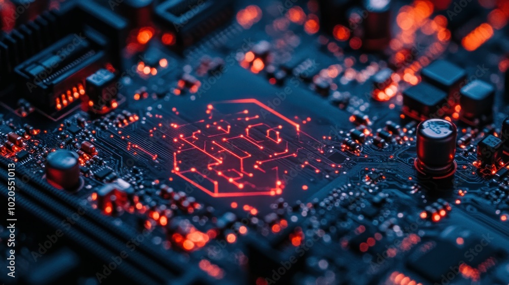 Poster close-up of a circuit board with red glowing lines