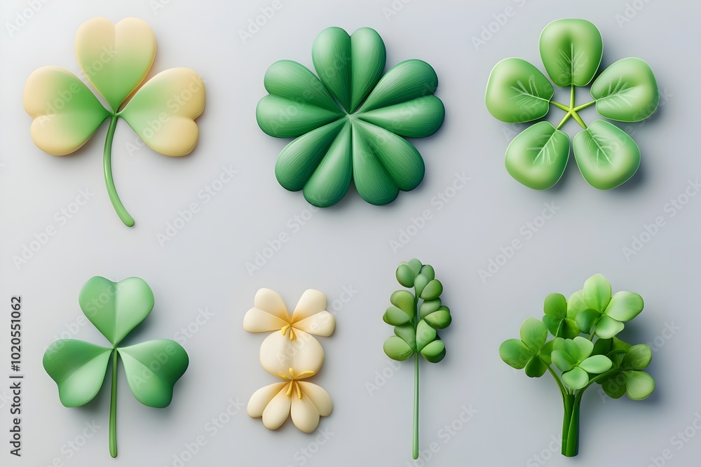 Poster clover 3d icons and objects collection in cartoon minimal style on white background