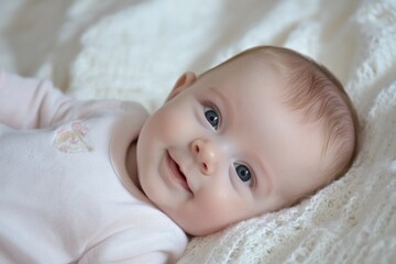 A joyful baby with bright eyes smiles on a soft, cozy blanket in warm sunlight