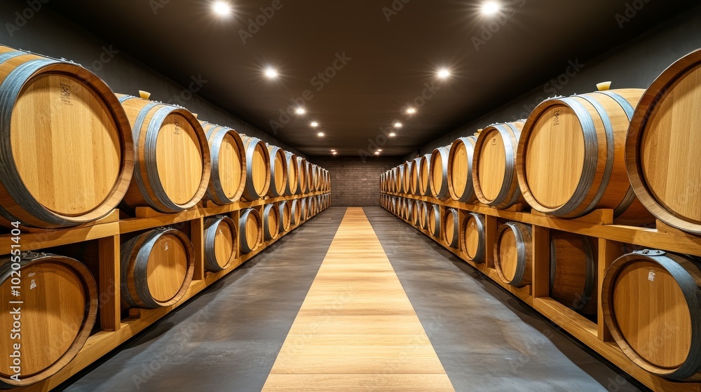 Poster wine cellar with wooden barrels in rows, creating an elegant storage for winemaking process
