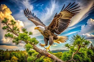 An eagle, majestic and fierce, takes to the skies, launching from a sturdy tree limb, embodying strength and freedom in high-definition brilliance.