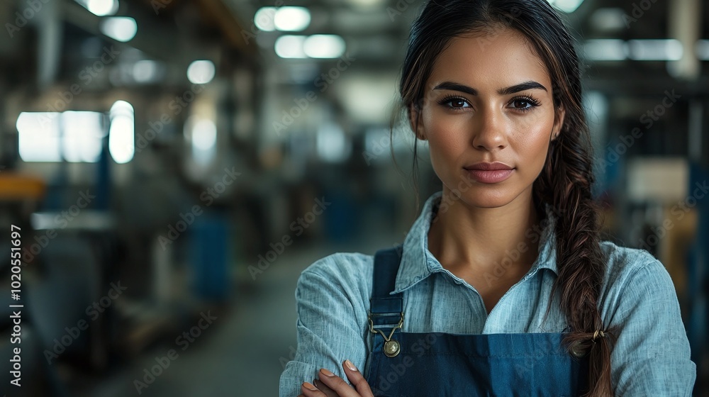 Poster professional female worker posing in a factory setting looking at the camera with a confident and re