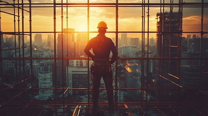 Fototapeta premium construction worker maintaining a roof with safety gear and tools showcasing the manual labor and precision needed in outdoor building projects and repairs at heights