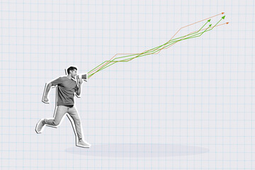Collage young man run announce information bullhorn progress arrows stocks statistics positive...