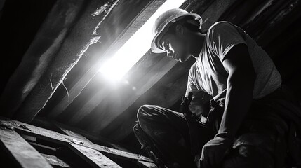 construction worker maintaining a roof with safety gear and tools showcasing the manual labor and precision needed in outdoor building projects and repairs at heights
