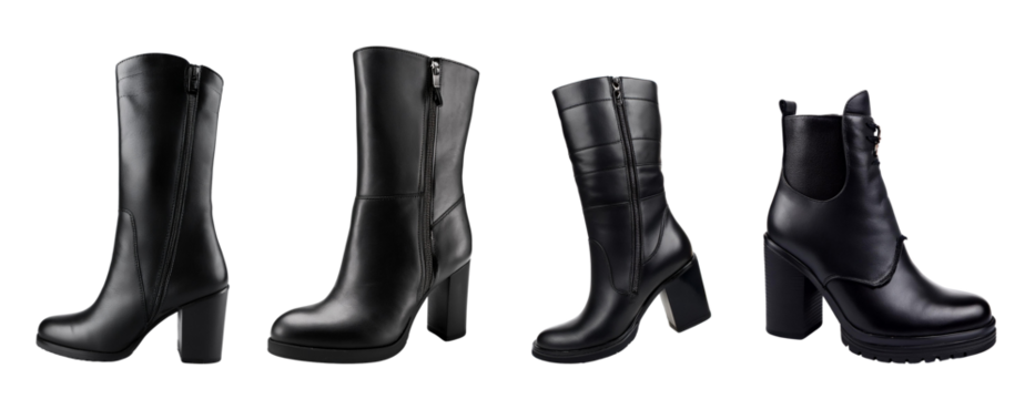 Four stylish pairs of black boots showcased on a white isolate background.