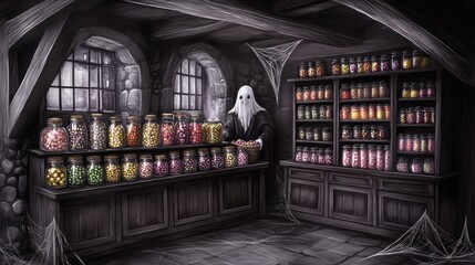 Step into a hauntingly whimsical candy shop filled with glowing jars and a friendly ghost, ready to enchant your Halloween experience.