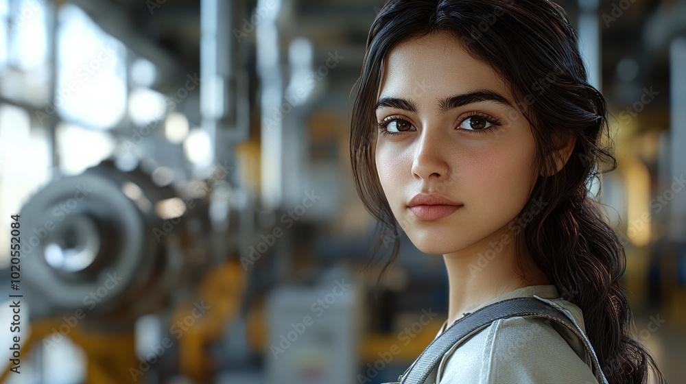 Poster professional female worker posing in a factory setting looking at the camera with a confident and re