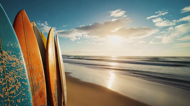 Surfboards standing in a row on the sandy beach. Surf school or beginning of the season. Large waves on the ocean coast.