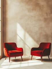 Minimalistic interior with stylish suede armchairs in cherry-dark red color