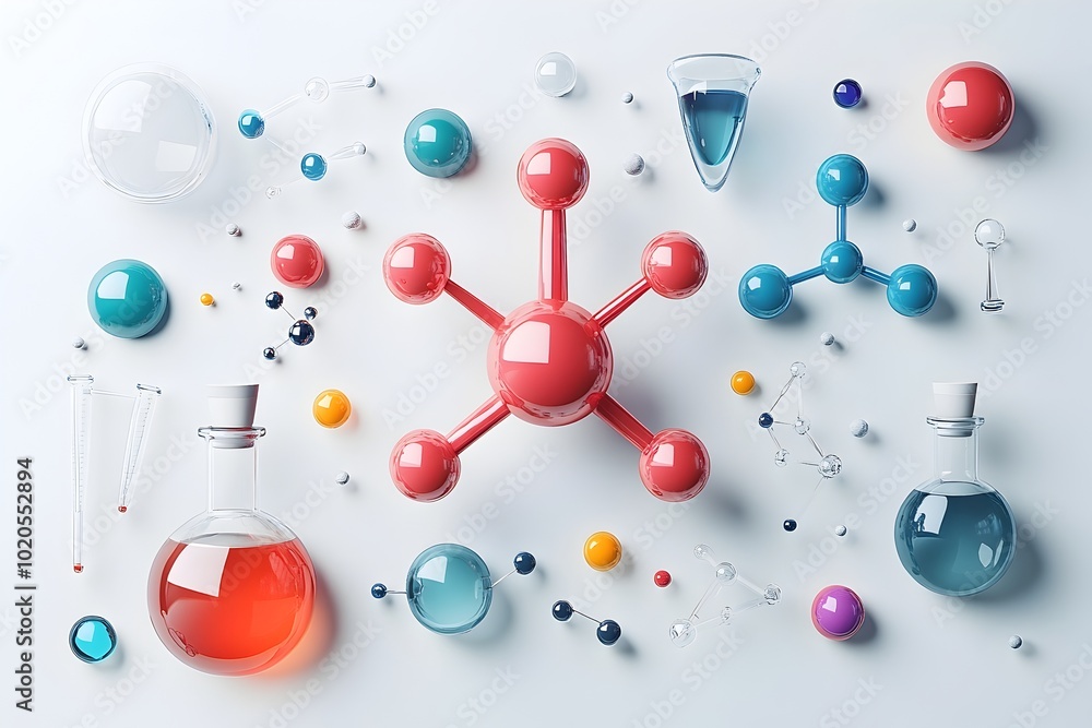 Poster vibrant 3d molecular icons and objects in minimal cartoon style on transparent background