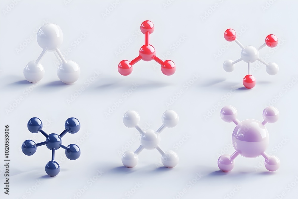 Poster colorful 3d molecular structures and icons in minimal cartoon style on transparent background