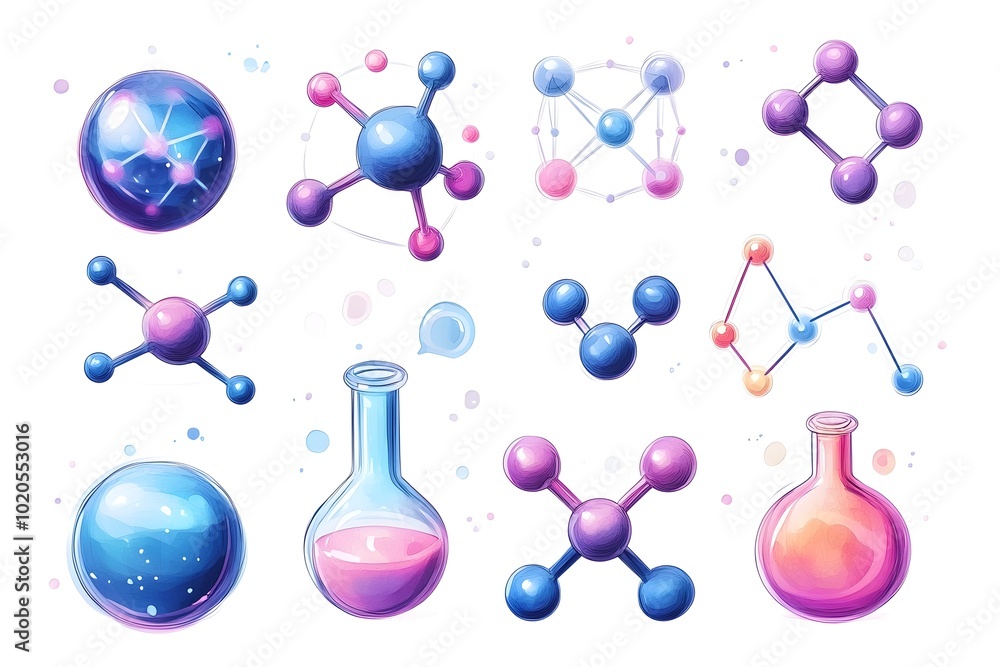 Poster vibrant 3d molecular icons and objects collection in cartoon style minimal on transparent background