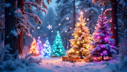 Snowy Forest with Christmas Trees, Gifts, and a Starry Sky