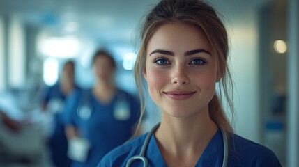 Fototapeta premium hospital nurse standing in a ward with a friendly and confident expression looking at the camera while her colleagues work in the background creating a supportive and caring healthcare environment