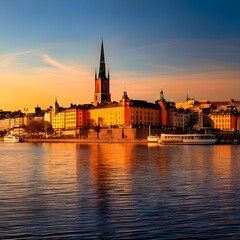 Fototapeta premium A panoramic shot of Stockholm, Sweden, featuring its historic buildings and waterways, representing European Union heritage.