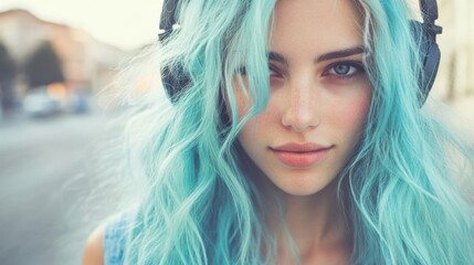 Fototapeta premium A young woman with vibrant pastel hair enjoys music, smiling as she takes in the outdoor atmosphere filled with sunlight