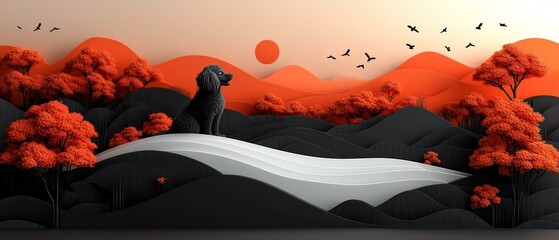 Scenic Autumn Forest Landscape, Dog by River