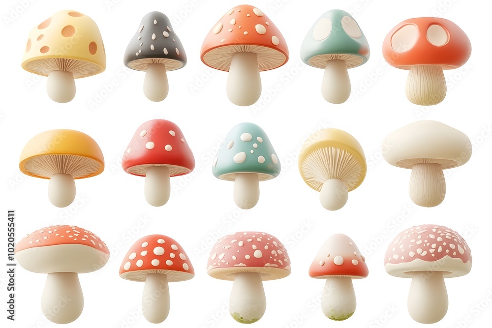Poster varied collection of cartoon style 3d mushroom icons and objects on transparent background
