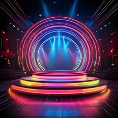 A vibrant stage illuminated by neon and stage lights, creating a dynamic atmosphere for a performance.