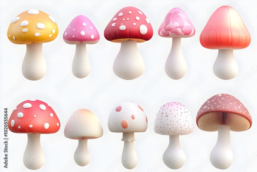 Aufkleber assortment of whimsical 3d mushroom icons and objects in minimalist cartoon style on transparent