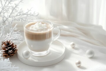 A winter-themed coffee product with white and silver decorations on a bright minimalist table