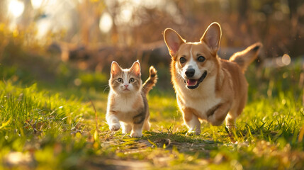 Fototapeta premium Corgi and kitten walking together on a sunny path