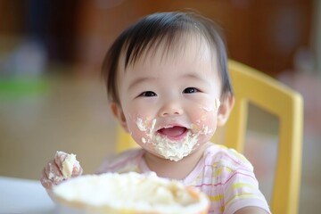 Joyful baby covered in frosting smiles brightly while enjoying a sweet treat in a cozy kitchen