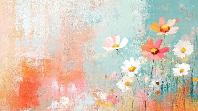 A colorful display of wild daisies fills the canvas, capturing the essence of a lively spring day