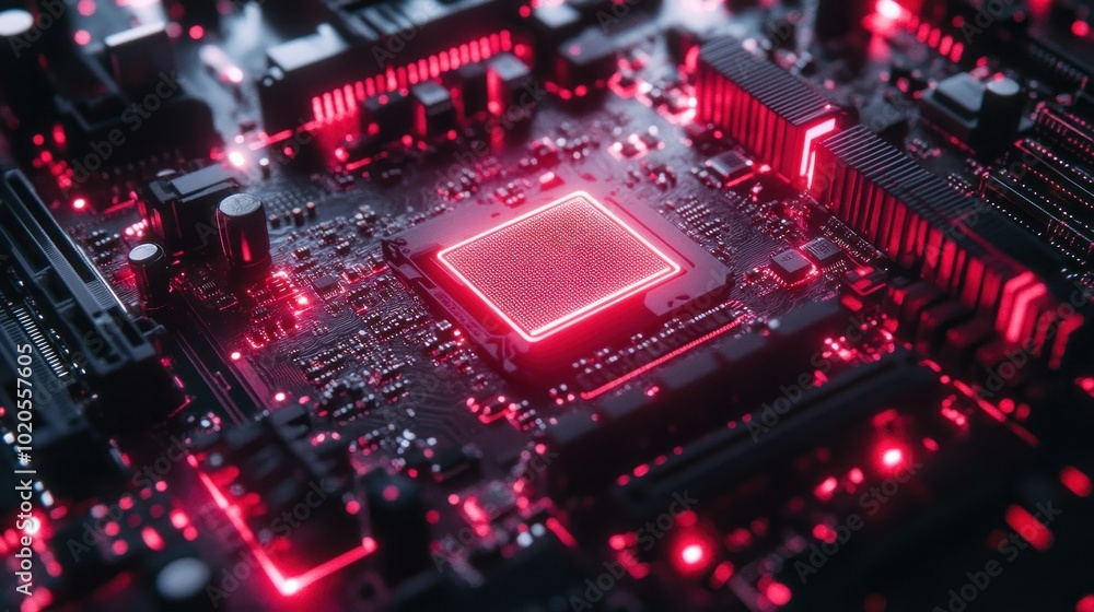 Poster close-up of a computer motherboard with a glowing red cpu