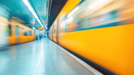 Commuters hurry through a busy subway station as a bright yellow train rushes past, reflecting the energy of urban transit