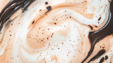 Fototapeta premium Swirling patterns of melted chocolate blend seamlessly with creamy tones, creating an enticing abstract backdrop perfect for food-related visuals