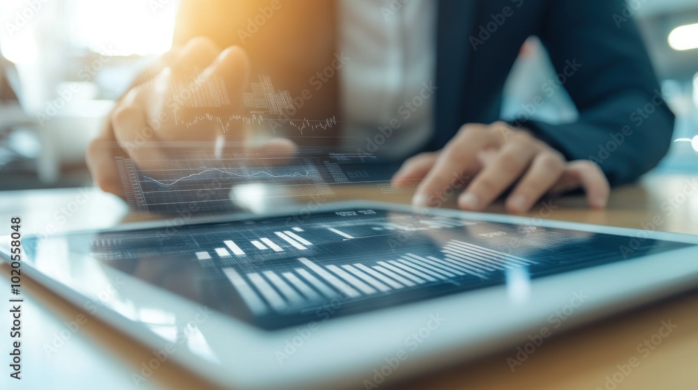 Poster a businessperson interacting with a tablet showing data visualization